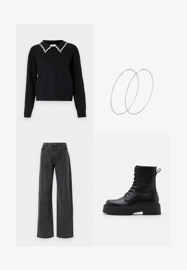 VILA VIPEARL O NECK - Neule - black; Noisy May NMJANNEL LOOSE - Relaxed fit -farkut - black denim; Musta nahkainen nilkkureita, joissa on pyöreä kärki, nauhakiinnitys edessä ja paksu kumipohja, jossa on teksturoitu pinta. Takana vetotappi.; Hopehope hopeilla, joissa on minimalistinen muotoilu. Pyöreä muoto, sileä pinta ja ohut profiili. Kevyet ja kiillotetut.