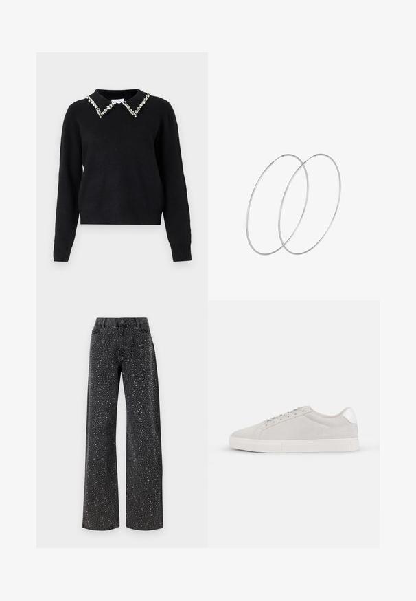 VILA VIPEARL O NECK - Džemper - black; Noisy May NMJANNEL LOOSE - Avar lõikega teksad - black denim; Heled hall suede sneakers, ümar toe, lame valge tallaga ja hõbedase kandmisega. Sidumisega disain, minimaalsete õmblusdetailidega.; Hõbedased rõngastikkaehingad minimalistlikus disainis. Ümar kuju, sile tekstuur ja õhuke profiil. Kerged ning poleeritud viimistlusega.