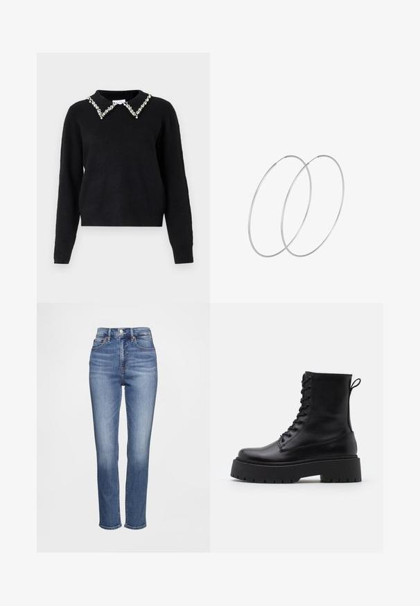 VILA VIPEARL O NECK - Džemperis - black; Mėlynos, aukšto liemens džinsai iš džinso audinio, su klasikinio penkių kišenių dizainu, subtiliu šviesėjimu ir tiesaus kirpimo kojomis.; Juodos odinės aulinukės su apvalia nosimi, raišteliais priekyje ir storesniu guminio pado apačioje su tekstūruotu raštu. Priekyje yra kilputė.; Sidabrinės pusmėnulio auskarai minimalistiniu dizainu. Apskritimo forma, lygus paviršius ir plonas profilis. Lengvi su poliruotu apdailu.