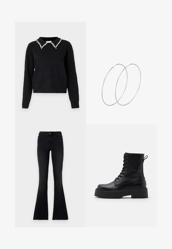 VILA VIPEARL O NECK - Vesta - black; Crne traperice s izrezom. Visok struk s kopčanjem na gumb, elegantan dizajn i naglašeni izrezani nogavici na dnu.; Crne kožne gležnjače s okruglim vrhom, vezanjem sprijeda i debelim gumenim potplatom s teksturiranim uzorkom. Tipa: traka za vuču na stražnjoj strani.; Srebrne okrugle naušnice s minimalističkim dizajnom. Kružni oblik, glatka tekstura i tanak profil. Lagane s poliranim završetkom.