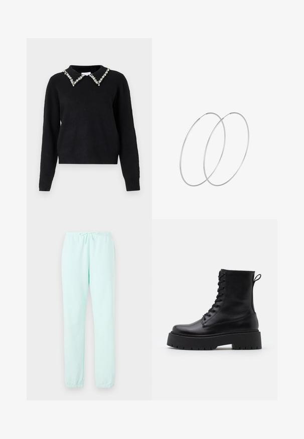 VILA VIPEARL O NECK - Vesta - black; Svjetlo mint zelene trenirke od mekog materijala, s elastičnim pojasom na kojem se može stegnuti i rebrastim manžetama na gležnjevima.; Crne kožne gležnjače s okruglim vrhom, vezanjem sprijeda i debelim gumenim potplatom s teksturiranim uzorkom. Tipa: traka za vuču na stražnjoj strani.; Srebrne okrugle naušnice s minimalističkim dizajnom. Kružni oblik, glatka tekstura i tanak profil. Lagane s poliranim završetkom.