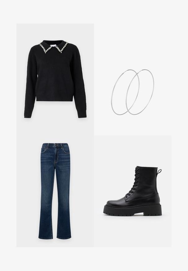 VILA VIPEARL O NECK - Jumper - black; Dark blue flared jeans made from denim, featuring a high waist, five pockets, and contrasting stitching details. Smooth texture with minimal fading.; Black leather ankle boots with a round toe, lace-up front, and a thick rubber sole featuring a textured tread. Pull tab at the back.; Silver hoop earrings with a minimalist design. Circular shape, smooth texture, and thin profile. Lightweight with a polished finish.