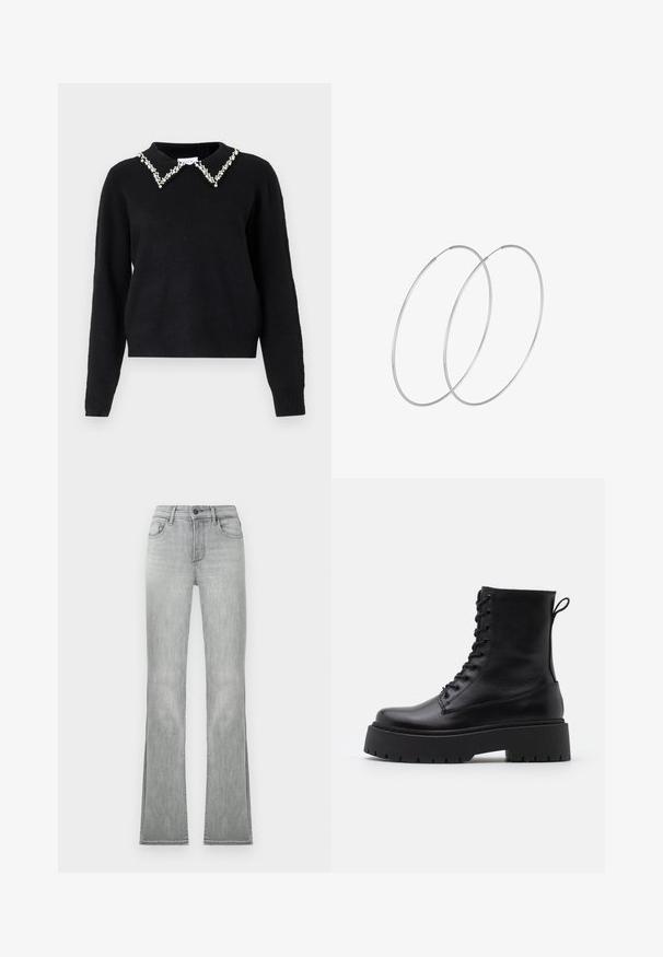 VILA VIPEARL O NECK - Jumper - black; Light gray flared jeans with a smooth denim texture, featuring front pockets and a button closure. Hem has side slits for added detail.; Black leather ankle boots with a round toe, lace-up front, and a thick rubber sole featuring a textured tread. Pull tab at the back.; Silver hoop earrings with a minimalist design. Circular shape, smooth texture, and thin profile. Lightweight with a polished finish.