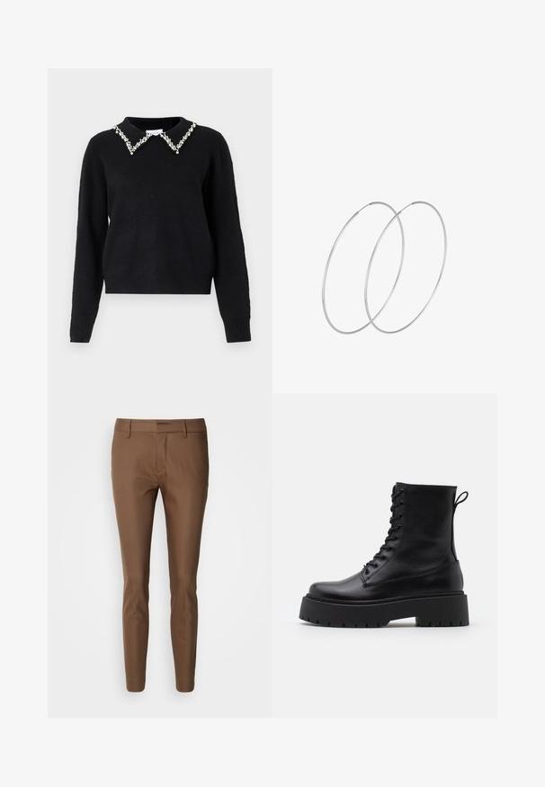 VILA VIPEARL O NECK - Stickad tröja - black; Mos Mosh NIGHT - Tygbyxor - rain drum; Svarta läderankelboots med rund tå, snörning framtill och en tjock gummisula med strukturerat mönster. Dragflik bak.; Silverfärgade hoopörhängen med en minimalistisk design. Cirkulär form, slät yta och tunn profil. Lätta med en polerad finish.