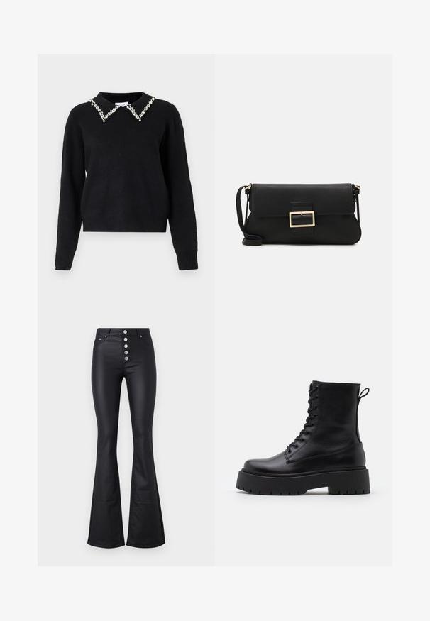VILA VIPEARL O NECK - Strikkegenser - black; Sorte flared bukser laget av glatt, elastisk materiale med høy midje og fem metallknapper foran. Har to sidelommer.; Sorte skinn ankelstøvler med rund tå, snøring foran og tykk gummisåle med teksturert mønster. Håndtak bak.; Svart lær clutch-veske med klaff og detalj i gullmetall. Inkluderer en svart stropp og et strømlinjeformet, minimalistisk design.