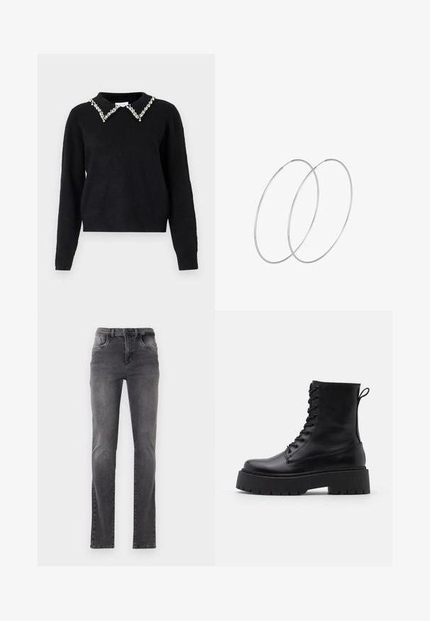 VILA VIPEARL O NECK - Džemperis - black; Pilkos lieknosios džinsai su šiek tiek išblukusiais šlaunų ir kelių zonomis, turintys priekines ir galines kišenes, diržo kilpas bei užsegimą mygtuku.; Juodos odinės aulinukės su apvalia nosimi, raišteliais priekyje ir storesniu guminio pado apačioje su tekstūruotu raštu. Priekyje yra kilputė.; Sidabrinės pusmėnulio auskarai minimalistiniu dizainu. Apskritimo forma, lygus paviršius ir plonas profilis. Lengvi su poliruotu apdailu.