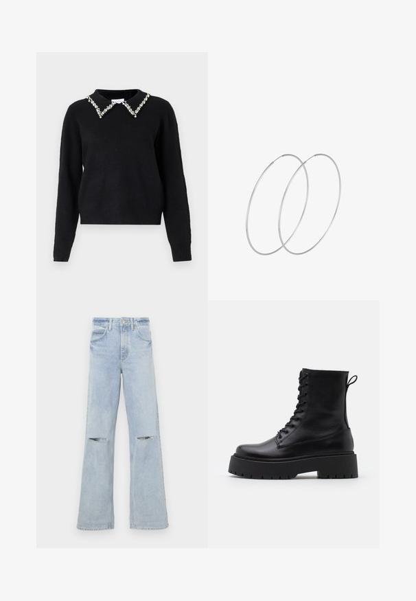 VILA VIPEARL O NECK - Vesta - black; Svijetloplave široke traperice s izrezima na koljenima, visoki struk i klasični dizajn s pet džepova. Izrađene od denima s mekom teksturom.; Crne kožne gležnjače s okruglim vrhom, vezanjem sprijeda i debelim gumenim potplatom s teksturiranim uzorkom. Tipa: traka za vuču na stražnjoj strani.; Srebrne okrugle naušnice s minimalističkim dizajnom. Kružni oblik, glatka tekstura i tanak profil. Lagane s poliranim završetkom.