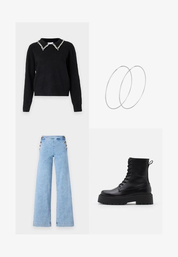 VILA VIPEARL O NECK - Svetrík - black; Svetlomodré denimové nohavice s širokými nohavicami a vysokým pásom, so kovovými gombíkmi po stranách a hladkou, mierne opotrebovanou textúrou.; Čierne kožené členkové topánky s okrúhlou špičkou, šnurovaním vpredu a hrubou gumovou podrážkou s textúrovaným vzorom. Sťahovací pútko na zadnej strane.; Strieborné kruhové náušnice s minimalistickým dizajnom. Cirkulárny tvar, hladký povrch a tenký profil. Ľahké s lesklým povrchom.