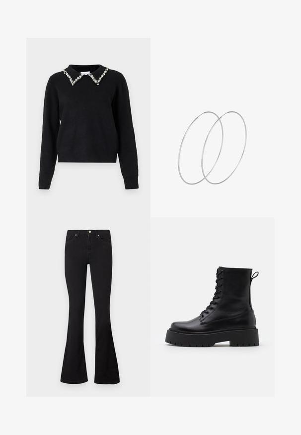 VILA VIPEARL O NECK - Striktrøje - black; Sorte højtaljede jeans med flagrende ben, frontlukning med knap og lynlås og femlommesdesign på en hvid baggrund.; Sorte læder ankelstøvler med rund tå, snørebånd foran og en tyk gummisål med struktureret slidbane. Hæfteløkke bagpå.; Sølvøreringe med et minimalistisk design. Cirkulær form, glat tekstur og tynd profil. Letvægtige med en poleret overflade.