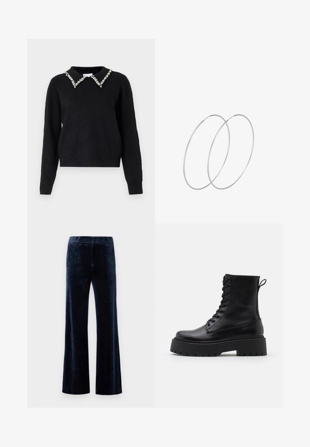 VILA VIPEARL O NECK - Jumper - black; Navy blue flared pants made of soft velvet. Features a smooth texture, tailored waistband, and clean cut edges. No visible hardware or patterns.; Black leather ankle boots with a round toe, lace-up front, and a thick rubber sole featuring a textured tread. Pull tab at the back.; Silver hoop earrings with a minimalist design. Circular shape, smooth texture, and thin profile. Lightweight with a polished finish.