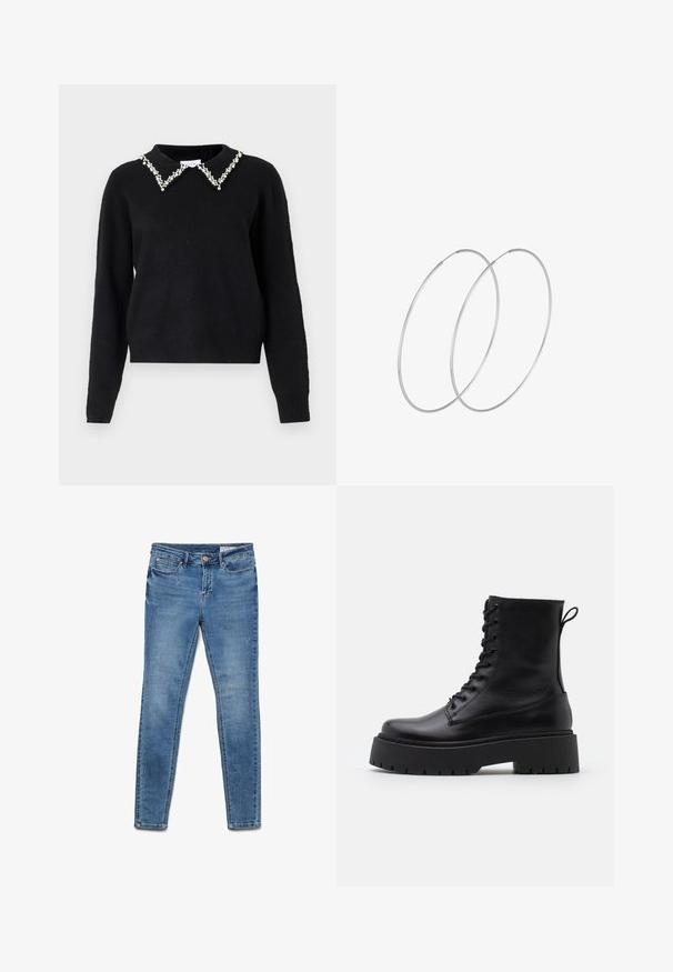 VILA VIPEARL O NECK - Džemper - black; Kitsased teksad helesinises denim-kangas, millel on viis taskut, tõmblukk ja delikaatsed kulumisdetailid.; Mustad mustad nahast pahkluu saapad ümarate varvastega, nööridega esiosas ja paksu kummist talla ning tekstuuritud mustriga. Tagumine tõmbeaas.; Hõbedased rõngastikkaehingad minimalistlikus disainis. Ümar kuju, sile tekstuur ja õhuke profiil. Kerged ning poleeritud viimistlusega.