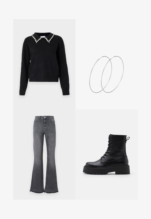 VILA VIPEARL O NECK - Svetrík - black; High-waisted rozšírené džínsy z vyblednutého čierneho denimu. Majú zapínanie na gombík, dizajn s piatimi vreckami a rozstrapkaný lem.; Čierne kožené členkové topánky s okrúhlou špičkou, šnurovaním vpredu a hrubou gumovou podrážkou s textúrovaným vzorom. Sťahovací pútko na zadnej strane.; Strieborné kruhové náušnice s minimalistickým dizajnom. Cirkulárny tvar, hladký povrch a tenký profil. Ľahké s lesklým povrchom.