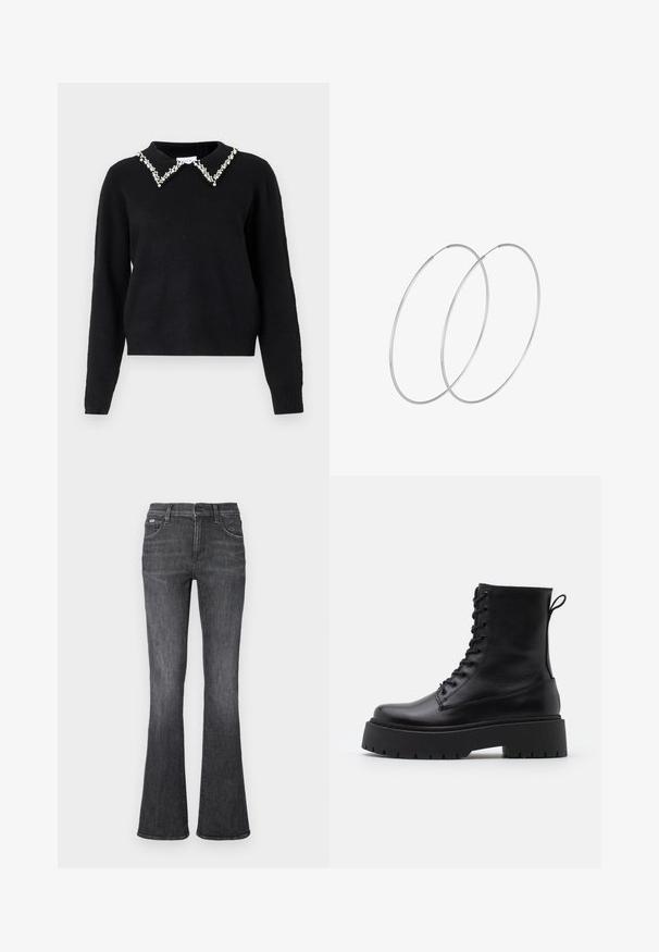 VILA VIPEARL O NECK - Trui - black; Flared jeans in donkergrijze denim met een zachte textuur, vijf-pocket ontwerp en een knoopsluiting bij de taille.; Zwarte leren enkelboots met een ronde neus, vetersluiting aan de voorkant en een dikke rubberen zool met een gestructureerd profiel. Trekbandje aan de achterkant.; Zilveren hoepel oorbellen met een minimalistisch ontwerp. Cirkelvormig, gladde textuur en dun profiel. Lichtgewicht met een gepolijste afwerking.