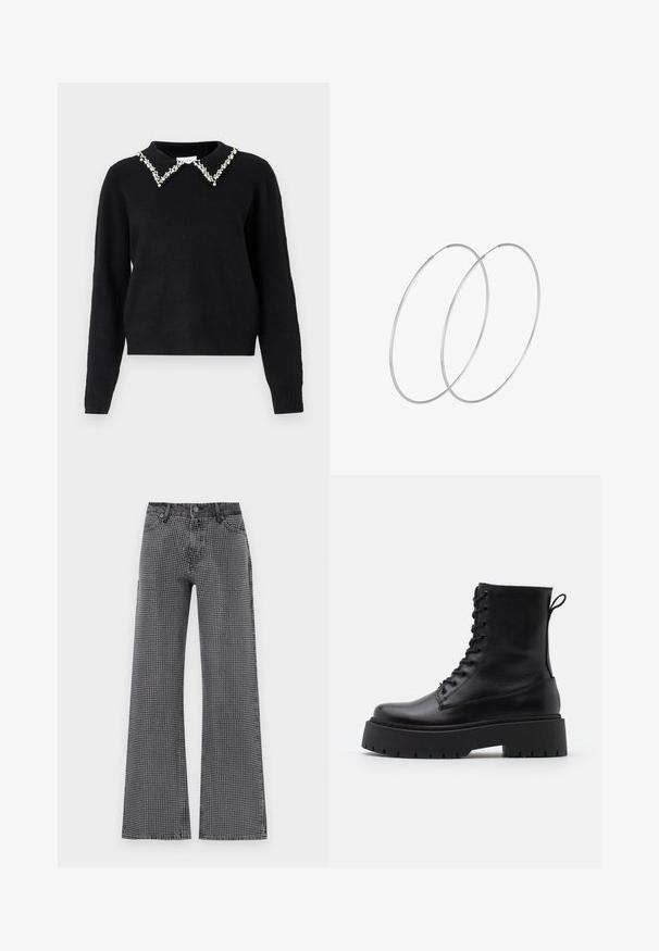VILA VIPEARL O NECK - Svetrík - black; Široké džínsy z čierneho denimu s bielym bodkovaným vzorom; majú klasický dizajn s piatimi vreckami a zapínanie na gombík.; Čierne kožené členkové topánky s okrúhlou špičkou, šnurovaním vpredu a hrubou gumovou podrážkou s textúrovaným vzorom. Sťahovací pútko na zadnej strane.; Strieborné kruhové náušnice s minimalistickým dizajnom. Cirkulárny tvar, hladký povrch a tenký profil. Ľahké s lesklým povrchom.