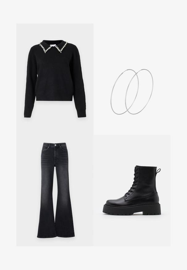 VILA VIPEARL O NECK - Strickpullover - black; Hoch taillierte Bootcut-Jeans aus dunkelblauem Denim mit glatter Textur, ausgestattet mit frontalen Taschen, einem Knopfverschluss und Ausbleichungen.; Schwarze Lederstiefeletten mit runder Zehenpartie, Schnürung vorne und einer dicken Gummisohle mit strukturiertem Profil. Mit Zugschlaufe an der Rückseite.; Silberne Creolen mit minimalistischem Design. Rundform, glatte Oberfläche und dünnes Profil. Leichtgewichtig mit hochglänzender Oberfläche.