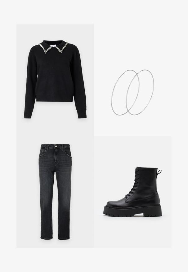 VILA VIPEARL O NECK - Vesta - black; Tamno sivi traperice s klasičnim ravnim krojem, pet džepova i jednom metalnom kopčom na struku.; Crne kožne gležnjače s okruglim vrhom, vezanjem sprijeda i debelim gumenim potplatom s teksturiranim uzorkom. Tipa: traka za vuču na stražnjoj strani.; Srebrne okrugle naušnice s minimalističkim dizajnom. Kružni oblik, glatka tekstura i tanak profil. Lagane s poliranim završetkom.