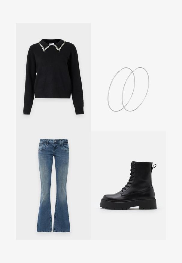 VILA VIPEARL O NECK - Pulover - black; Sinje modre kavbojke iz denima z zbledelim pranjem, ki imajo sprednje žepe, zapiranje na gumb in subtilno poškodbo na kolenih.; Črne usnjene gležnjarje z okroglo konico, vezalnim sprednjim delom in debelim gumijastim podplatom z teksturiranim profilom. Zanka na hrbtni strani.; Srebrne uhane v obliki obroča z minimalističnim dizajnom. Krožna oblika, gladka tekstura in tanek profil. Lahki s poliranim zaključkom.