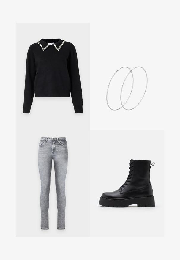 VILA VIPEARL O NECK - Pulover - black; Siveje kavbojke s skinny krojem in visokim pasom, petimi žepi in diskretno zbledelostjo po celotni dolžini. Imajo zadrgo in gumb za zapiranje.; Črne usnjene gležnjarje z okroglo konico, vezalnim sprednjim delom in debelim gumijastim podplatom z teksturiranim profilom. Zanka na hrbtni strani.; Srebrne uhane v obliki obroča z minimalističnim dizajnom. Krožna oblika, gladka tekstura in tanek profil. Lahki s poliranim zaključkom.