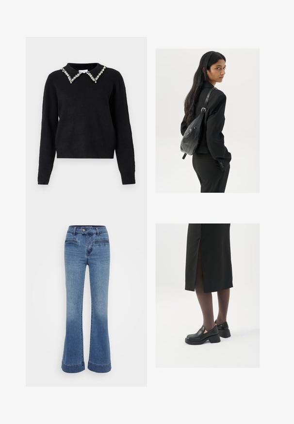 VILA VIPEARL O NECK - Džemperis - black; Izplūdušas džinsi vidēji zilā krāsā ar augsto jostasvietu, priekšējiem kabatām un kontrastējošiem šuvēm. Audums ir mīksts ar nedaudz novalkātu apdari.; Melni ādas apavi ar noapaļotu purngalu, biezām bloku papēžiem un elastīgiem sānu akcentiem, apvienoti ar tumšām zeķubiksēm un melnu svārku ar šķirbu.; Sieviete ar garām tumšām matiem, ģērbusies melnā uzvalkā, nēsā melnu ādas plecu somu un skatās pāri plecam uz balta fona.; Sudraba gredzenveida auskari ar minimālistisku dizainu. Cirkulāra forma, gluda tekstūra un plāns profils. Vieglu svaru ar spīdīgu apdari.
