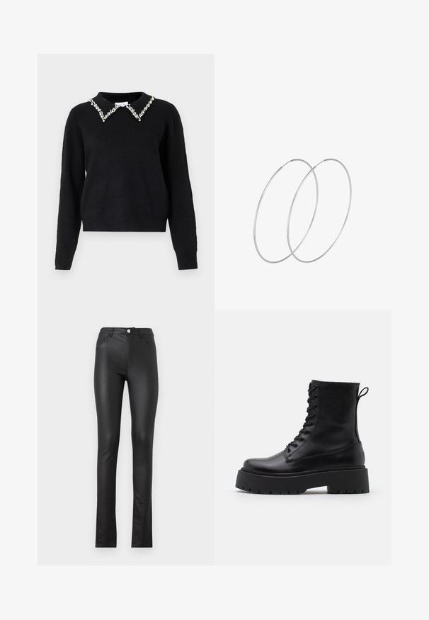 VILA VIPEARL O NECK - Vesta - black; Crne hlače od umjetne kože slim kroja, s prednjim zatvaranjem na dugme, dva prednja džepa i lagano proširenim rubom na dnu.; Crne kožne gležnjače s okruglim vrhom, vezanjem sprijeda i debelim gumenim potplatom s teksturiranim uzorkom. Tipa: traka za vuču na stražnjoj strani.; Srebrne okrugle naušnice s minimalističkim dizajnom. Kružni oblik, glatka tekstura i tanak profil. Lagane s poliranim završetkom.
