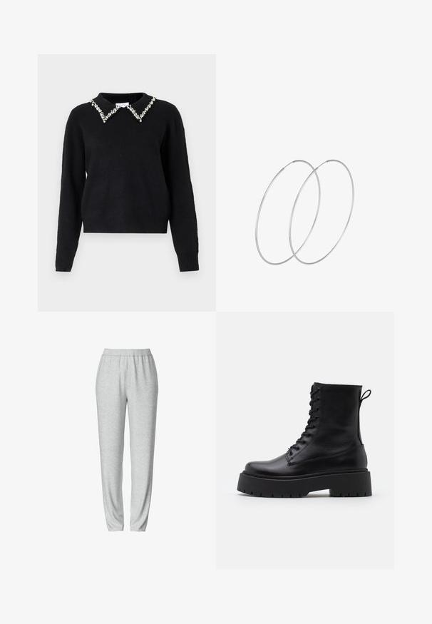 VILA VIPEARL O NECK - Svetr - black; Šedé tepláky s elastickým pasem, zúženým střihem nohavic, měkkou texturou a bez viditelných vzorů či kovových detailů.; Černé kožené kotníkové boty s kulatou špičkou, šněrováním na přední straně a silnou gumovou podešví s texturovaným vzorkem. S poutkem vzadu.; Stříbrné kruhové náušnice s minimalistickým designem. Kruh, hladký povrch a tenký profil. Lehká konstrukce s lesklým povrchem.