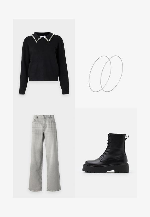 VILA VIPEARL O NECK - Jumper - black; Gray wide-leg jeans with a high waist, made of denim. Features two front pockets and a clean, unembellished design.; Black leather ankle boots with a round toe, lace-up front, and a thick rubber sole featuring a textured tread. Pull tab at the back.; Silver hoop earrings with a minimalist design. Circular shape, smooth texture, and thin profile. Lightweight with a polished finish.