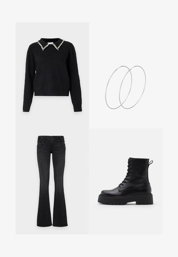 VILA VIPEARL O NECK - Svetr - black; Černé džíny z džínsoviny s mírným opotřebením, přední a zadní kapsy, zapínání na knoflík a design rozšířených nohavic.; Černé kožené kotníkové boty s kulatou špičkou, šněrováním na přední straně a silnou gumovou podešví s texturovaným vzorkem. S poutkem vzadu.; Stříbrné kruhové náušnice s minimalistickým designem. Kruh, hladký povrch a tenký profil. Lehká konstrukce s lesklým povrchem.