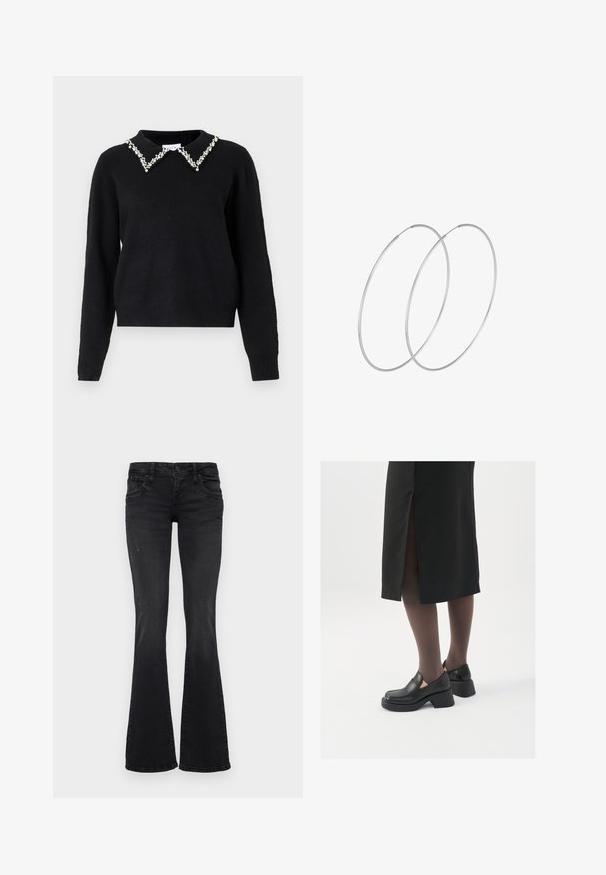 VILA VIPEARL O NECK - Džemper - black; Mustad denim püksid, millel on kerge kulumine, ees ja taga taskud, nööpkinnitusega ja laiendatud säärtega disain.; Mustad mustad jalatsid ümmarguse varbaga, paksu plokkniidi ja elastsete külgdetailidega, kombineeritud tumedate sukkade ja musta lõhikuga seelikuga.; Hõbedased rõngastikkaehingad minimalistlikus disainis. Ümar kuju, sile tekstuur ja õhuke profiil. Kerged ning poleeritud viimistlusega.