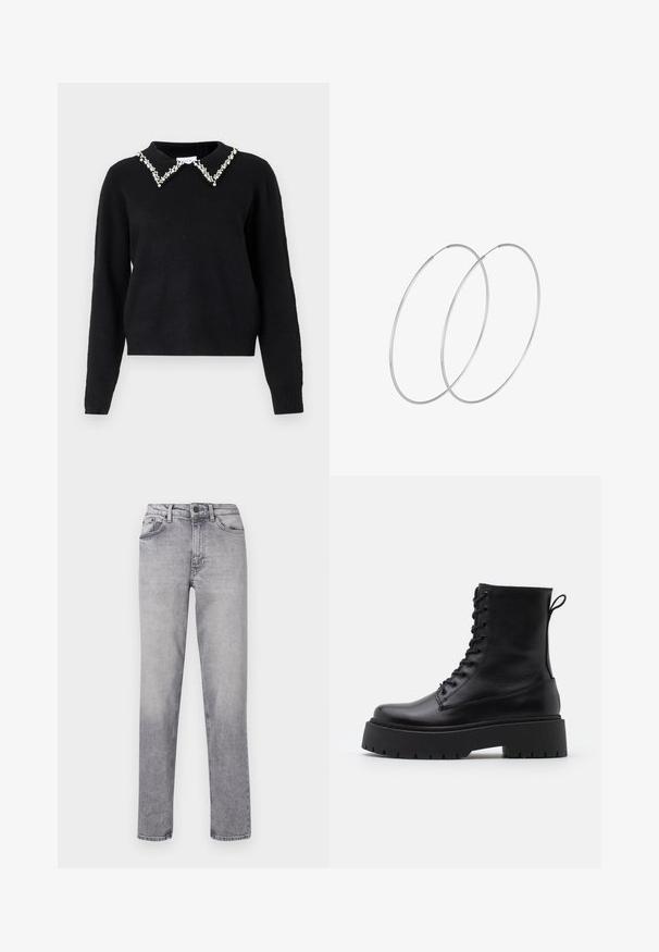 VILA VIPEARL O NECK - Vesta - black; Svijetlosivi traperice izrađene od denima, s ravnim nogavicama, pet džepova, peteljkama za pojas i kopčanjem na dugme i patentni zatvarač.; Crne kožne gležnjače s okruglim vrhom, vezanjem sprijeda i debelim gumenim potplatom s teksturiranim uzorkom. Tipa: traka za vuču na stražnjoj strani.; Srebrne okrugle naušnice s minimalističkim dizajnom. Kružni oblik, glatka tekstura i tanak profil. Lagane s poliranim završetkom.