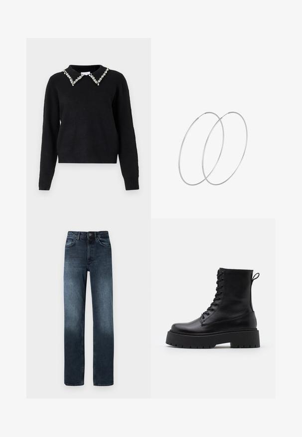 VILA VIPEARL O NECK - Džemperis - black; Tamsiai mėlyni džinsai su tiesia koja, penkiais kišenėmis ir priekiniu mygtukų užtrauktuku. Yra išblukimo detalės prie apatinės dalies.; Juodos odinės aulinukės su apvalia nosimi, raišteliais priekyje ir storesniu guminio pado apačioje su tekstūruotu raštu. Priekyje yra kilputė.; Sidabrinės pusmėnulio auskarai minimalistiniu dizainu. Apskritimo forma, lygus paviršius ir plonas profilis. Lengvi su poliruotu apdailu.