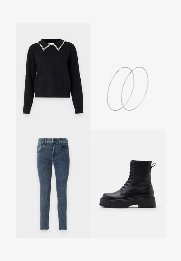 VILA VIPEARL O NECK - Vesta - black; Uske skinny traperice tamnoplave boje s blagim izbljeđenjem. Imaju srednji struk, pet džepova i kontrastne šavove.; Crne kožne gležnjače s okruglim vrhom, vezanjem sprijeda i debelim gumenim potplatom s teksturiranim uzorkom. Tipa: traka za vuču na stražnjoj strani.; Srebrne okrugle naušnice s minimalističkim dizajnom. Kružni oblik, glatka tekstura i tanak profil. Lagane s poliranim završetkom.