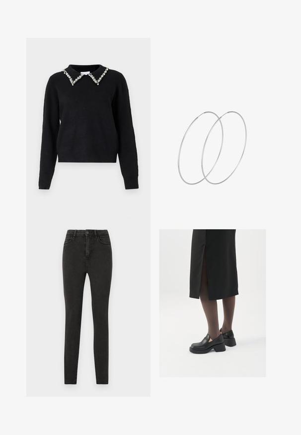 VILA VIPEARL O NECK - Jumper - black; Black skinny jeans made of denim with a high waist, featuring a button closure, belt loops, and minimal stitching details.; Black leather shoes with a rounded toe, thick block heel, and elastic side accents, paired with dark tights and a black skirt with a slit.; Silver hoop earrings with a minimalist design. Circular shape, smooth texture, and thin profile. Lightweight with a polished finish.