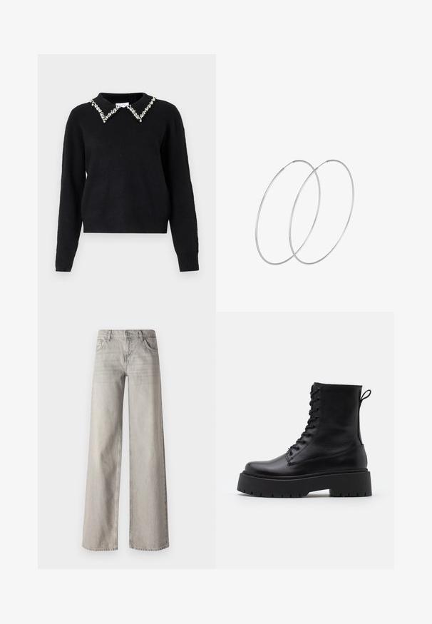 VILA VIPEARL O NECK - Vesta - black; Svijetlosive traperice širokih nogavica, izrađene od denima, s dizajnom od pet džepova, prednjim zatvaranjem na gumb i blago izblijedjelom teksturom.; Crne kožne gležnjače s okruglim vrhom, vezanjem sprijeda i debelim gumenim potplatom s teksturiranim uzorkom. Tipa: traka za vuču na stražnjoj strani.; Srebrne okrugle naušnice s minimalističkim dizajnom. Kružni oblik, glatka tekstura i tanak profil. Lagane s poliranim završetkom.