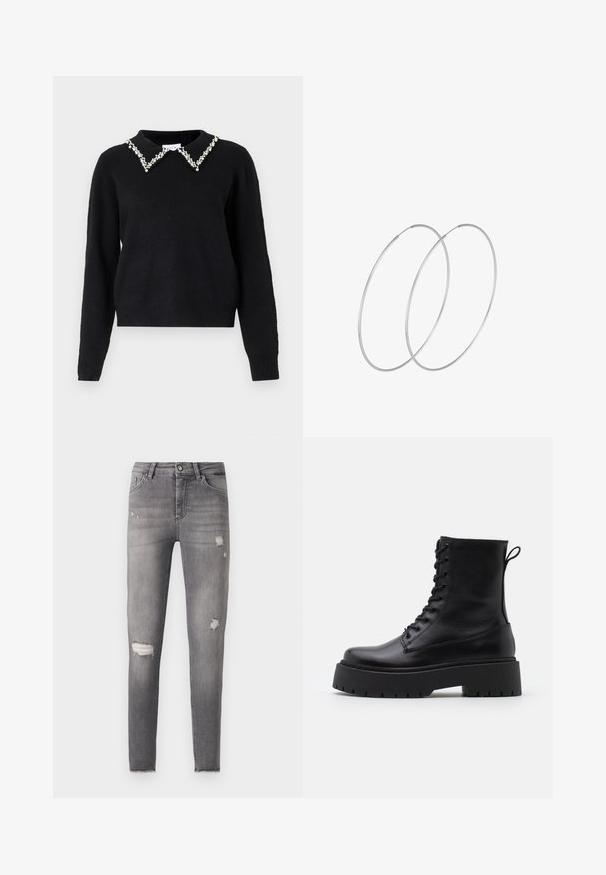 VILA VIPEARL O NECK - Džemperis - black; Siaurūs džinsai iš išblukusios pilkos džinsinio audinio, su nusidėvėjusiais plyšiais abiejuose kelio srityse ir šiek tiek nelygiais kraštais. Klasikinis 5 kišenių dizainas.; Juodos odinės aulinukės su apvalia nosimi, raišteliais priekyje ir storesniu guminio pado apačioje su tekstūruotu raštu. Priekyje yra kilputė.; Sidabrinės pusmėnulio auskarai minimalistiniu dizainu. Apskritimo forma, lygus paviršius ir plonas profilis. Lengvi su poliruotu apdailu.
