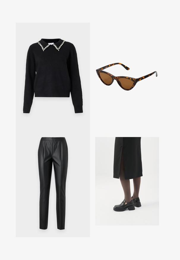 VILA VIPEARL O NECK - Džemperis - black; Juodos dirbtinės odos kelnės su siauru siluetu, turinčios aukštą liemeni, priekiniais raukiniais ir lygia tekstūra. Nėra matomų aksesuarų ar raštų.; Juodos odinės bateliai su apvaliu nosiu, stora blokine pakulne ir elastingais šonais, derinami su tamsiomis pėdkelnėmis ir juoda sijonu su plyšiu.; Katės akies saulės akiniai su juodu ir oranžiniu šarvuotu rėmeliu, ruda objektyvu ir elegantiškais, smailiais galiukais. Rėmelyje yra minimalus logotipas ant šventės.; Sidabrinės pusmėnulio auskarai minimalistiniu dizainu. Apskritimo forma, lygus paviršius ir plonas profilis. Lengvi su poliruotu apdailu.