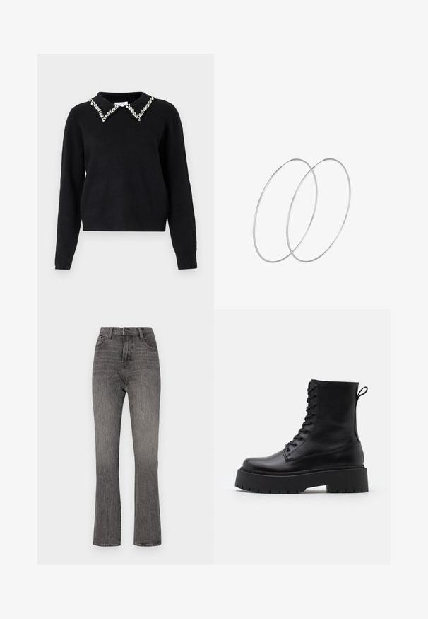 VILA VIPEARL O NECK - Džemper - black; Kere pükste alusmoodustamiseks kõrge talje ja laieneva lõikega heledates hallides denimis, millel on fades struktuur ja klassikaline 5-tasku disain. Ees nupuga ja tõmblukuga sulgemine.; Mustad mustad nahast pahkluu saapad ümarate varvastega, nööridega esiosas ja paksu kummist talla ning tekstuuritud mustriga. Tagumine tõmbeaas.; Hõbedased rõngastikkaehingad minimalistlikus disainis. Ümar kuju, sile tekstuur ja õhuke profiil. Kerged ning poleeritud viimistlusega.