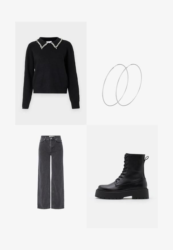 VILA VIPEARL O NECK - Džemperis - black; Augstās jostas vietas melni džinsi ar platajām kājām, aprīkoti ar pogu aizdari, jostu cilpiņām un vieglu izbalēšanu audumā.; Melni ādas potītēm zābaki ar apļveida purngalu, auklām priekšpusē un biezu gumijas zoli ar teksturētu protektoru. Velkšanas cilpa aizmugurē.; Sudraba gredzenveida auskari ar minimālistisku dizainu. Cirkulāra forma, gluda tekstūra un plāns profils. Vieglu svaru ar spīdīgu apdari.