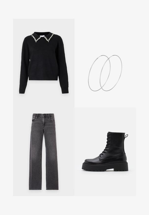 VILA VIPEARL O NECK - Maglione - black; Jeans a gamba larga grigio scuro in denim, con bottone frontale, due tasche posteriori e cuciture a contrasto lungo le cuciture.; Stivaletti in pelle nera alla caviglia con punta rotonda, lace-up frontale e suola in gomma spessa con battistrada textured. Tassello sul retro.; Orecchini a cerchio in argento con un design minimalista. Forma circolare, superficie liscia e profilo sottile. Leggeri con una finitura lucida.