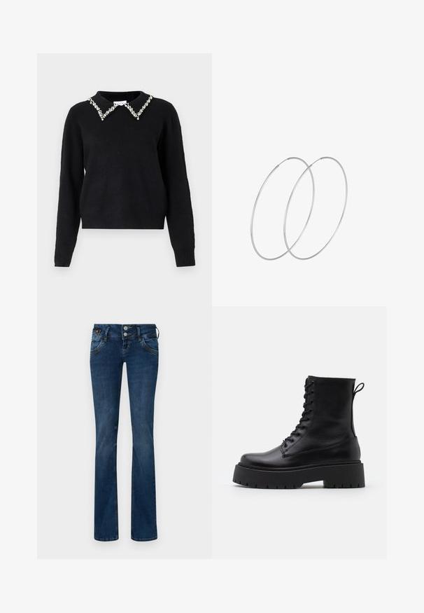 VILA VIPEARL O NECK - Svetr - black; Džínové kalhoty v tmavě modré barvě s mírně bledým povrchem, s klasickým pěti kapsovým designem a uzavíráním na dva knoflíky vpředu.; Černé kožené kotníkové boty s kulatou špičkou, šněrováním na přední straně a silnou gumovou podešví s texturovaným vzorkem. S poutkem vzadu.; Stříbrné kruhové náušnice s minimalistickým designem. Kruh, hladký povrch a tenký profil. Lehká konstrukce s lesklým povrchem.