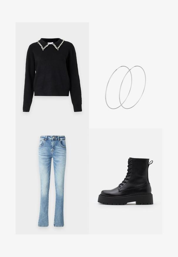 VILA VIPEARL O NECK - Džemperis - black; Gaiši zilas džinsu bikses ar platu kāju piegriezumu, vidēja augstuma jostasvietu, piecām kabatām, izšūtām šuvēm un nelielu izbalēšanu uz augšstilbiem, lai radītu izmantotu efektu.; Melni ādas potītēm zābaki ar apļveida purngalu, auklām priekšpusē un biezu gumijas zoli ar teksturētu protektoru. Velkšanas cilpa aizmugurē.; Sudraba gredzenveida auskari ar minimālistisku dizainu. Cirkulāra forma, gluda tekstūra un plāns profils. Vieglu svaru ar spīdīgu apdari.