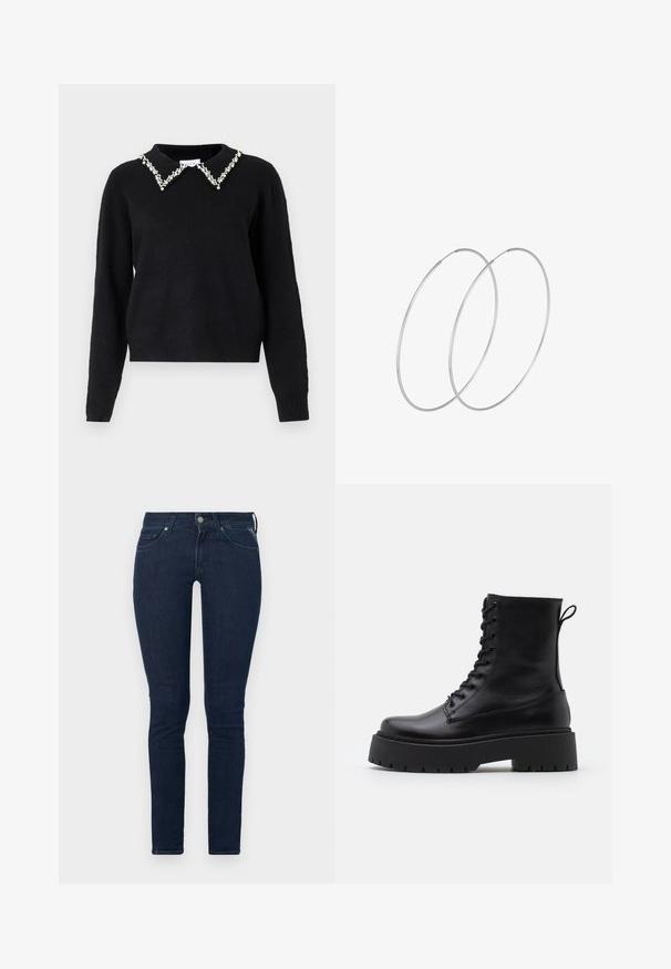 VILA VIPEARL O NECK - Džemperis - black; Tamsiai mėlynos džinsinės skinny kelnes su aukštu liemeniu, penkiais kišenėmis ir priekiniais mygtukais. Slydus paviršius su šiek tiek elastingumo.; Juodos odinės aulinukės su apvalia nosimi, raišteliais priekyje ir storesniu guminio pado apačioje su tekstūruotu raštu. Priekyje yra kilputė.; Sidabrinės pusmėnulio auskarai minimalistiniu dizainu. Apskritimo forma, lygus paviršius ir plonas profilis. Lengvi su poliruotu apdailu.