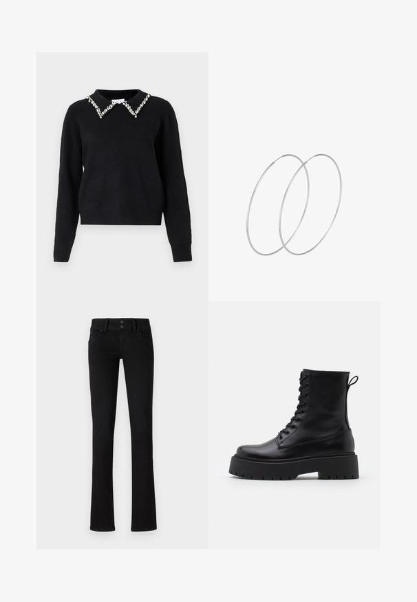 VILA VIPEARL O NECK - Jersey de punto - black; Jeans negros ajustados con dos bolsillos frontales, pasadores para cinturón y cierre de doble botón, exhibidos sobre un fondo blanco liso.; Botas de cuero negras hasta el tobillo con punta redonda, cordones en la parte delantera y una suela de goma gruesa con un dibujo texturizado. Tirador en la parte trasera.; Pendientes de aro plateados con un diseño minimalista. Forma circular, textura suave y perfil delgado. Livianos con un acabado pulido.