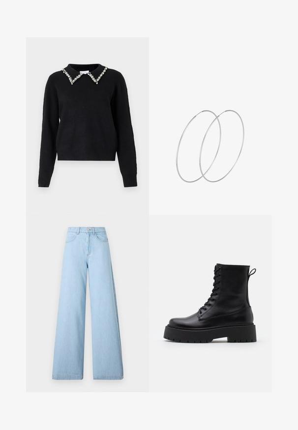 VILA VIPEARL O NECK - Pulover - black; Svetlo modri široki jeans iz denima, z visokim pasom, sprednjimi žepi in čistimi robovi z minimalnimi šivi.; Črne usnjene gležnjarje z okroglo konico, vezalnim sprednjim delom in debelim gumijastim podplatom z teksturiranim profilom. Zanka na hrbtni strani.; Srebrne uhane v obliki obroča z minimalističnim dizajnom. Krožna oblika, gladka tekstura in tanek profil. Lahki s poliranim zaključkom.