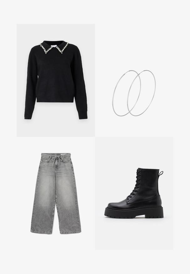 VILA VIPEARL O NECK - Stickad tröja - black; Breda grå denimjeans med en blekt finish, dragsko i midjan och traditionell femficksdesign, med synliga sömnadsdetaljer.; Svarta läderankelboots med rund tå, snörning framtill och en tjock gummisula med strukturerat mönster. Dragflik bak.; Silverfärgade hoopörhängen med en minimalistisk design. Cirkulär form, slät yta och tunn profil. Lätta med en polerad finish.