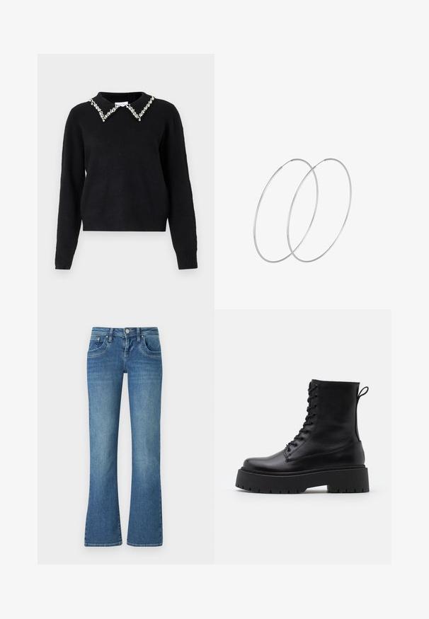 VILA VIPEARL O NECK - Svetr - black; Světle modré zvonové džíny vyrobené z denimu, s pěti kapsami, kontrastním šitím a knoflíkovým zapínáním v pase.; Černé kožené kotníkové boty s kulatou špičkou, šněrováním na přední straně a silnou gumovou podešví s texturovaným vzorkem. S poutkem vzadu.; Stříbrné kruhové náušnice s minimalistickým designem. Kruh, hladký povrch a tenký profil. Lehká konstrukce s lesklým povrchem.