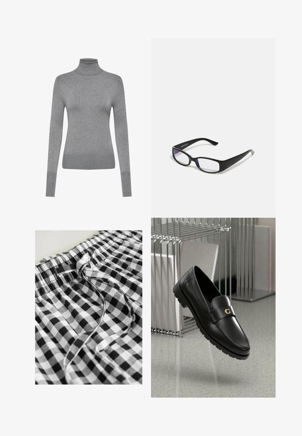 ONLY ONLVENICE ROLLNECK - Pullover - light grey melange; Next DROP WAIST - Jupe longue - black white gingham; Mocassins en cuir noir avec une couture surélevée, logo doré en accent et sangle texturée. Comportent une semelle en caoutchouc épaisse et durable.; Des lunettes rectangulaires noires avec des verres transparents. Fini brillant, branches étroites et teinte violette visible sur les bords des verres.; Boucles d'oreilles en ton or présentant un design en spirale avec des courbes superposées, mettant en valeur une finition métallique et une texture lisse pour une profondeur visuelle.