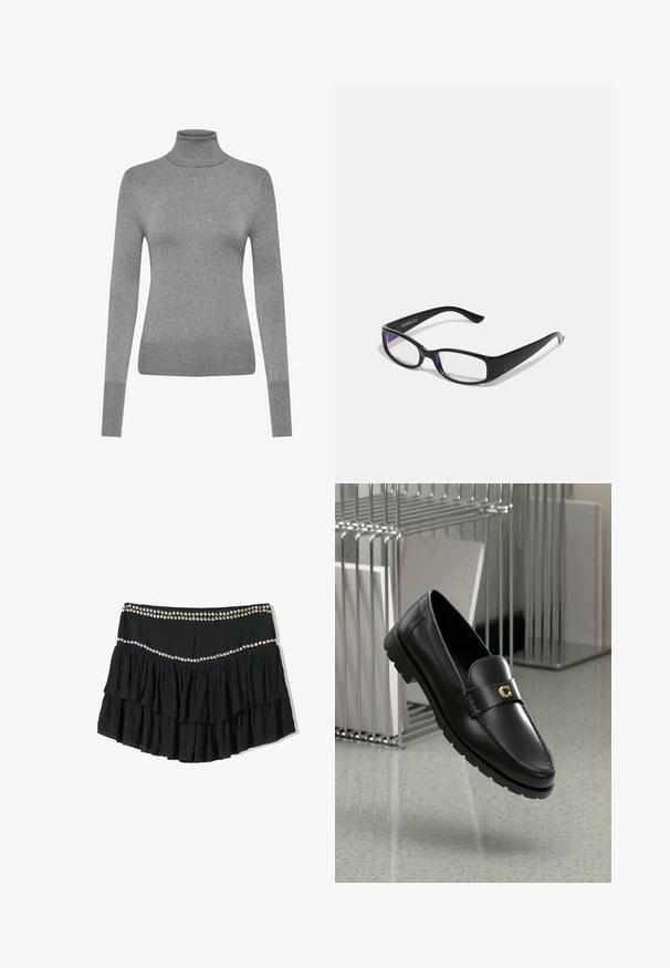 ONLY ONLVENICE ROLLNECK - Svetrík - light grey melange; Čierna volánková sukňa s vrstveným dizajnom, zdobená dekoratívnym radom strieborných cvokov pozdĺž pásu. Textúrované skladby pridávajú hĺbku.; Čierne kožené loafers s vyvýšeným švom, zlatým akcentom loga a textúrovaným pásikom. Obsahuje hrubú, odolnú gumovú podrážku.; Čierne obdĺžnikové okuliare s priehľadnými šošovkami. Lesklý povrch, úzke ramená a fialový nádych viditeľný na okrajoch šošoviek.; Náušnice v zlatej farbe s dizajnom špirály a vrstvenými krivkami, s metalickým povrchom a hladkou textúrou pre vizuálnu hĺbku.