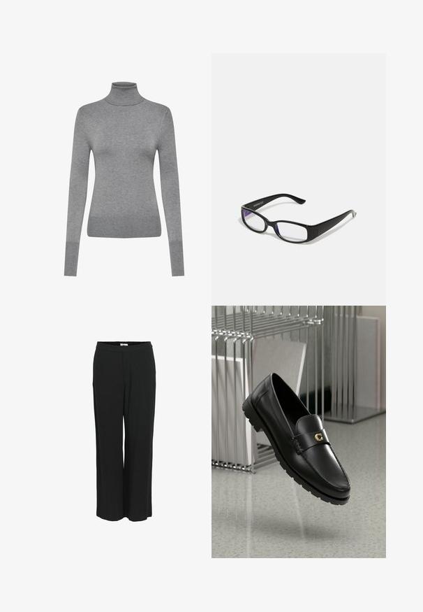 ONLY ONLVENICE ROLLNECK - Jumper - light grey melange; Wide-leg, black pants made of a lightweight fabric. Features an elastic waistband and smooth texture. No pockets or visible patterns.; Black leather loafers with a raised seam, gold accent logo, and textured strap. Features a thick, durable rubber sole.; Black rectangular glasses with clear lenses. Glossy finish, narrow arms, and purple tint visible at the edges of the lenses.