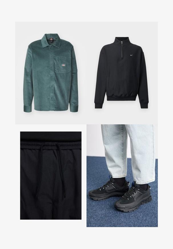 Svart hettegenser med høy glidelås krage, lange ermer, sidelommer og elastisk midje. Har en liten hvit Nike-logo på brystet.; Dickies Skjorte - lincoln green; Sorte shorts med snor i livet, lett stoff med en jevn tekstur, og et enkelt design uten synlige logoer eller mønstre.; Svarte sportssko med teksturert stoff og gummisåler, med elastiske lisser og en blå detalj på hælen. Brukt med lyse denimbukser.