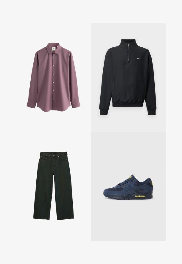 Mustapaita, jossa on korkea vetoketjukaulus, pitkät hihat, sivutaskut ja joustava vyötärö. Rinnassa pieni valkoinen Nike-logo.; Next REGULAR FIT SINGLE CUFF - Kauluspaita - mauve pink; Tummanvihreät leveälahkeiset farkut, valmistettu denimistä; sisältää etu-napivaatteen ja vetoketjun, viisi taskua sekä hienovaraisia tekstuurivaihteluita.; Laivastonsiniset Nike Air Max -lenkkarit, joissa on mokkabukseista ja verkkomateriaalista valmistettu yläosa, keltaisia yksityiskohtia, nyöritys etuosassa ja näkyvä ilmanvaimennus pohjassa.